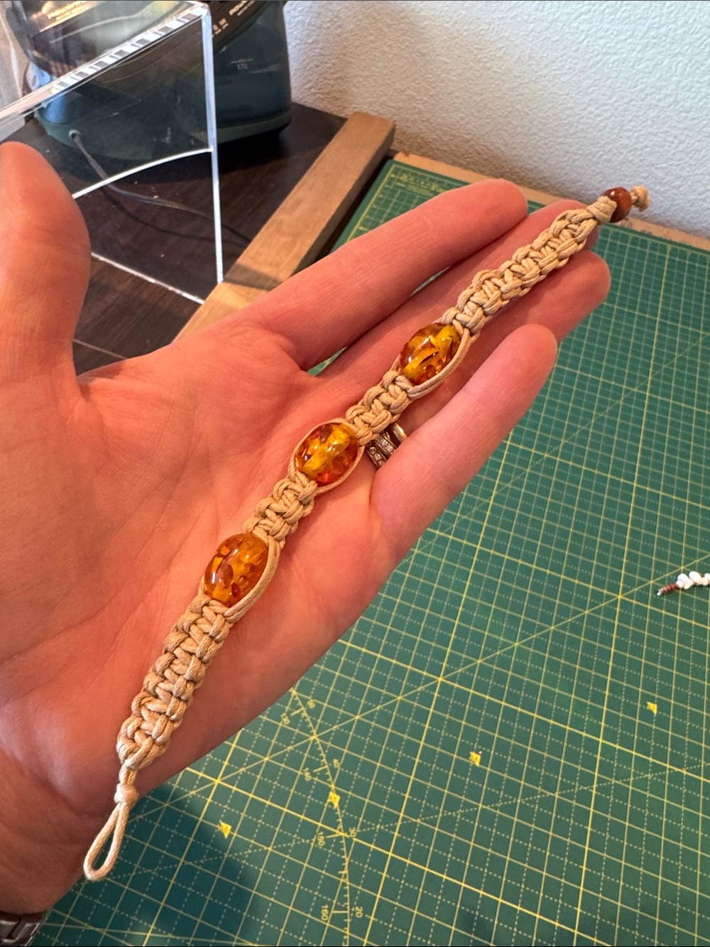 Handmade Beige Macrame Bracelet with Amber Beads